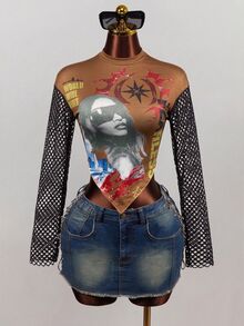 Mistrie Women's Sexy Fishnet Patchwork Character Print Top - Brown - View 7