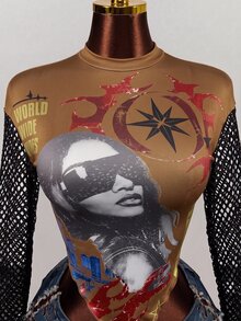 Mistrie Women's Sexy Fishnet Patchwork Character Print Top - Brown - View 3