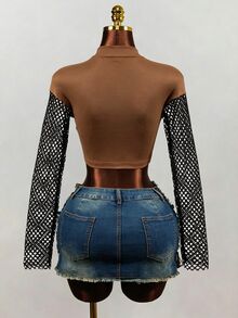 Mistrie Women's Sexy Fishnet Patchwork Character Print Top - Brown - View 4