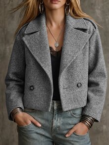 Balvessa Elegant Fashion Daily Wear Commute Short Wool Coat Loose Fit Long Sleeve Grey Spring Autumn Winter - Grey - View 4