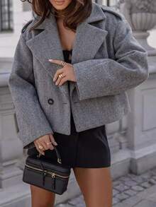 Balvessa Elegant Fashion Daily Wear Commute Short Wool Coat Loose Fit Long Sleeve Grey Spring Autumn Winter - Grey - View 5
