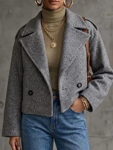 Balvessa Elegant Fashion Daily Wear Commute Short Wool Coat Loose Fit Long Sleeve Grey Spring Autumn Winter - Grey - View 2