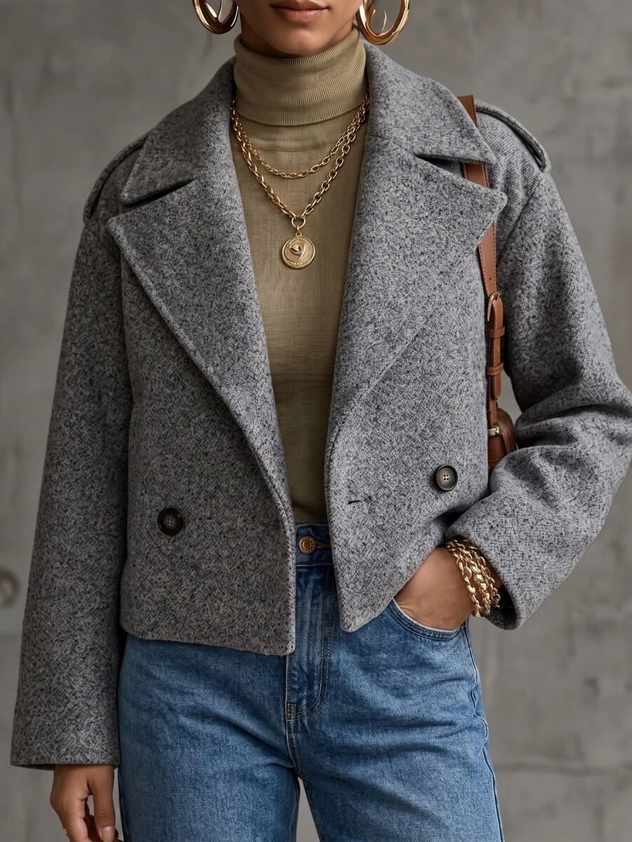 Balvessa Elegant Fashion Daily Wear Commute Short Wool Coat Loose Fit Long Sleeve Grey Spring Autumn Winter