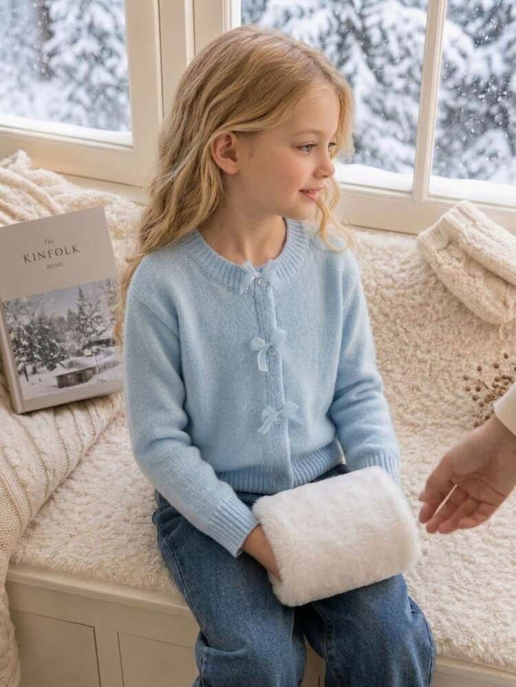 SHEIN Girls' Autumn/Winter Fashion Handmade Bow Knitted Sweater Long Sleeve Cardigan - Baby Blue - View 7