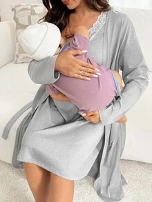 Slowluna Maternity Lace Patchwork Nursing Dress With Long Sleeve Cardigan 2 Pieces Set Fall - Grey - View 7