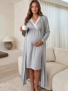 Slowluna Maternity Lace Patchwork Nursing Dress With Long Sleeve Cardigan 2 Pieces Set Fall - Grey - View 11