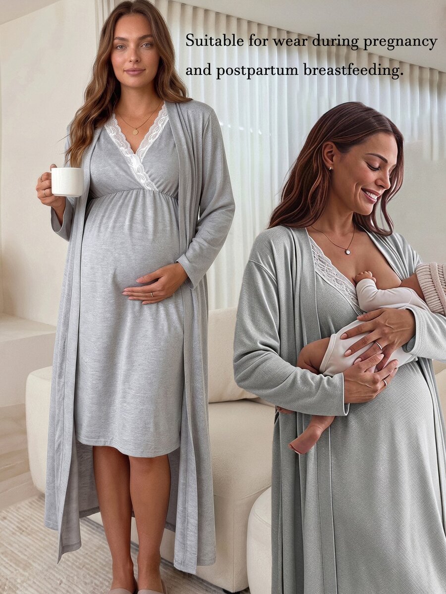Slowluna Maternity Lace Patchwork Nursing Dress With Long Sleeve Cardigan 2 Pieces Set Autumn Photoshoot Sage Green Elegant Chic - Grey - View 1