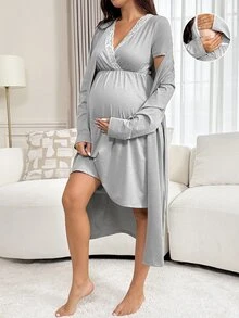 Slowluna Maternity Lace Patchwork Nursing Dress With Long Sleeve Cardigan 2 Pieces Set Fall - Grey - View 4