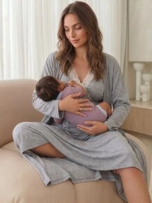 Slowluna Maternity Lace Patchwork Nursing Dress With Long Sleeve Cardigan 2 Pieces Set Fall - Grey - View 3