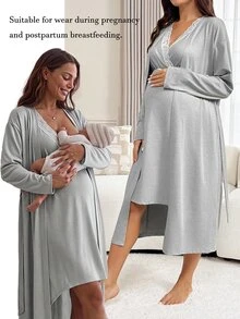 Slowluna Maternity Lace Patchwork Nursing Dress With Long Sleeve Cardigan 2 Pieces Set Fall - Grey - View 1