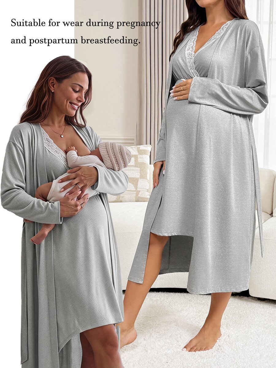 Slowluna Maternity Lace Patchwork Nursing Dress With Long Sleeve Cardigan 2 Pieces Set Fall - Grey - View 1