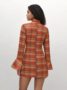 TRNVIE 2026 Fall New Arrival Women's Dress For Dates & Parties, Modern Chinese Style Orange Plaid Qipao Mini Dress - Multicolor - View 2