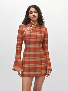 TRNVIE 2026 Fall New Arrival Women's Dress For Dates & Parties, Modern Chinese Style Orange Plaid Qipao Mini Dress - Multicolor - View 3