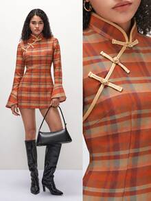 TRNVIE 2026 Fall New Arrival Women's Dress For Dates & Parties, Modern Chinese Style Orange Plaid Qipao Mini Dress - Multicolor - View 1