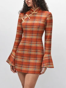 TRNVIE 2026 Fall New Arrival Women's Dress For Dates & Parties, Modern Chinese Style Orange Plaid Qipao Mini Dress - Multicolor - View 4