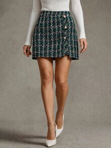 Calvaya Women's Plaid Metal Button Decorated Elegant Skirt - Dark Green - View 3