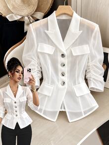 GlowEve CURVE Women's Elegant Commuter Solid Color Lightweight Jacket Office Formal White Women's Autumn Coat - White - View 3