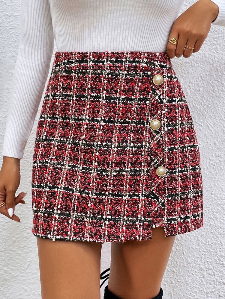 Calvaya Women's Plaid Metal Button Decorated Elegant Skirt - Red - View 6