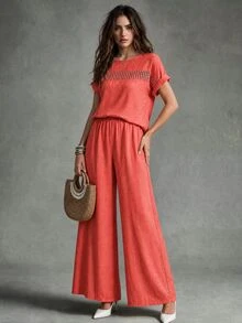 Calvaya 2pcs Women Summer Casual Simple Crew Neck Short Sleeve T-Shirt And Pants Set - Orange - View 3