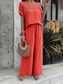 Calvaya 2pcs Women Summer Casual Simple Crew Neck Short Sleeve T-Shirt And Pants Set - Orange - View 5