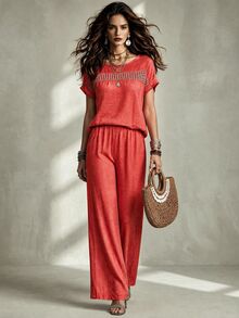 Calvaya 2pcs Women Summer Casual Simple Crew Neck Short Sleeve T-Shirt And Pants Set - Orange - View 1