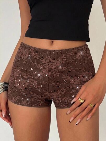 Aloruh Women's Spring/Summer New Brown Long Pants Wide Leg Pants Sequin Shorts Glamorous Party Outfit Low Waist Long Pants Bohemian Clothing