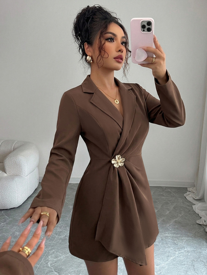 SHEIN Vestido elegante de mujer con cuello de blazer y manga larga para otoño e invierno, vestidos casuales, atuendos de otoño, uso diario, salidas, invitada a boda, ropa elegante para fiestas