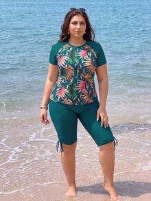 SHEIN Swim Curve 2pcs Plus Size Women Summer Random Print Short Sleeve Cropped Top And Shorts Bikini Swimsuit, Casual Vacation - Mint Green - View 5