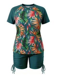 SHEIN Swim Curve 2pcs Plus Size Women Summer Random Print Short Sleeve Cropped Top And Shorts Bikini Swimsuit, Casual Vacation - Mint Green - View 7