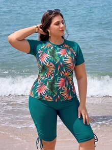 SHEIN Swim Curve 2pcs Plus Size Women Summer Random Print Short Sleeve Cropped Top And Shorts Bikini Swimsuit, Casual Vacation - Mint Green - View 4