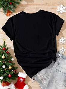 EMERY ROSE Family Christmas 2025 Festive Graphic Plus-Size T-Shirt,Black,Summer,Casual,Family Matching Crew Neck Polyester Knit Regular Fit All Season Wear - Black - View 2