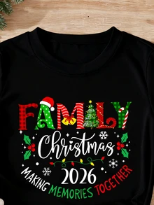 EMERY ROSE Family Christmas 2025 Festive Graphic Plus-Size T-Shirt,Black,Summer,Casual,Family Matching Crew Neck Polyester Knit Regular Fit All Season Wear - Black - View 4