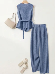 SHEIN Holidaya Women's Asymmetric Design Sleeveless Shirt And Pleated Button Decor Wide Leg Pants 2-Piece Set, Casual For Summer Commuting Vacation Dusty Blue - Blue - View 2
