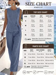 SHEIN Holidaya Women's Asymmetric Design Sleeveless Shirt And Pleated Button Decor Wide Leg Pants 2-Piece Set, Casual For Summer Commuting Vacation Dusty Blue - Blue - View 8