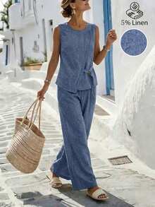 SHEIN Holidaya Women's Asymmetric Design Sleeveless Shirt And Pleated Button Decor Wide Leg Pants 2-Piece Set, Casual For Summer Commuting Vacation Dusty Blue - Blue - View 7