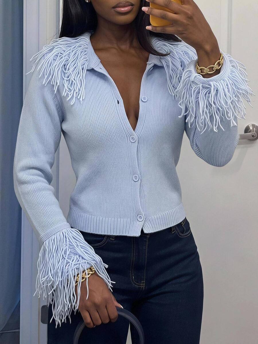 Slaydiva Women Light Blue Collared Fringe Tassel Cropped Knit Cardigan Button Down Slim Short Jacket Y2K Elegant Christmas Thanksgiving Autumn Top Brunch