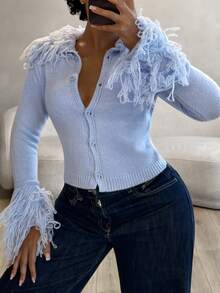 Slaydiva Women Light Blue Collared Fringe Tassel Cropped Knit Cardigan Button Down Slim Short Jacket Y2K Elegant Christmas Thanksgiving Autumn Top Brunch - Blue - View 3