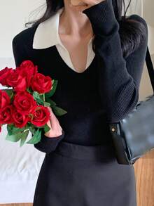 DAZY Women's Korean Style Colorblock Long Sleeve Sweater For Daily Wear - Black - View 1