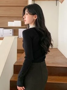 DAZY Women's Korean Style Colorblock Long Sleeve Sweater For Daily Wear - Black - View 7
