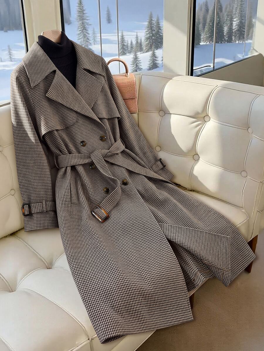 Reflora Plus Size Women's Commuter Lapel Double-Breasted Plaid Trench Coat - Multicolor - View 1