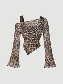 SHEIN MOD Women's Grey Leopard Print Ruched Fitted Versatile Everyday Long Sleeve T-Shirt Club Night Out Autumn Sexy - Multicolor - View 4