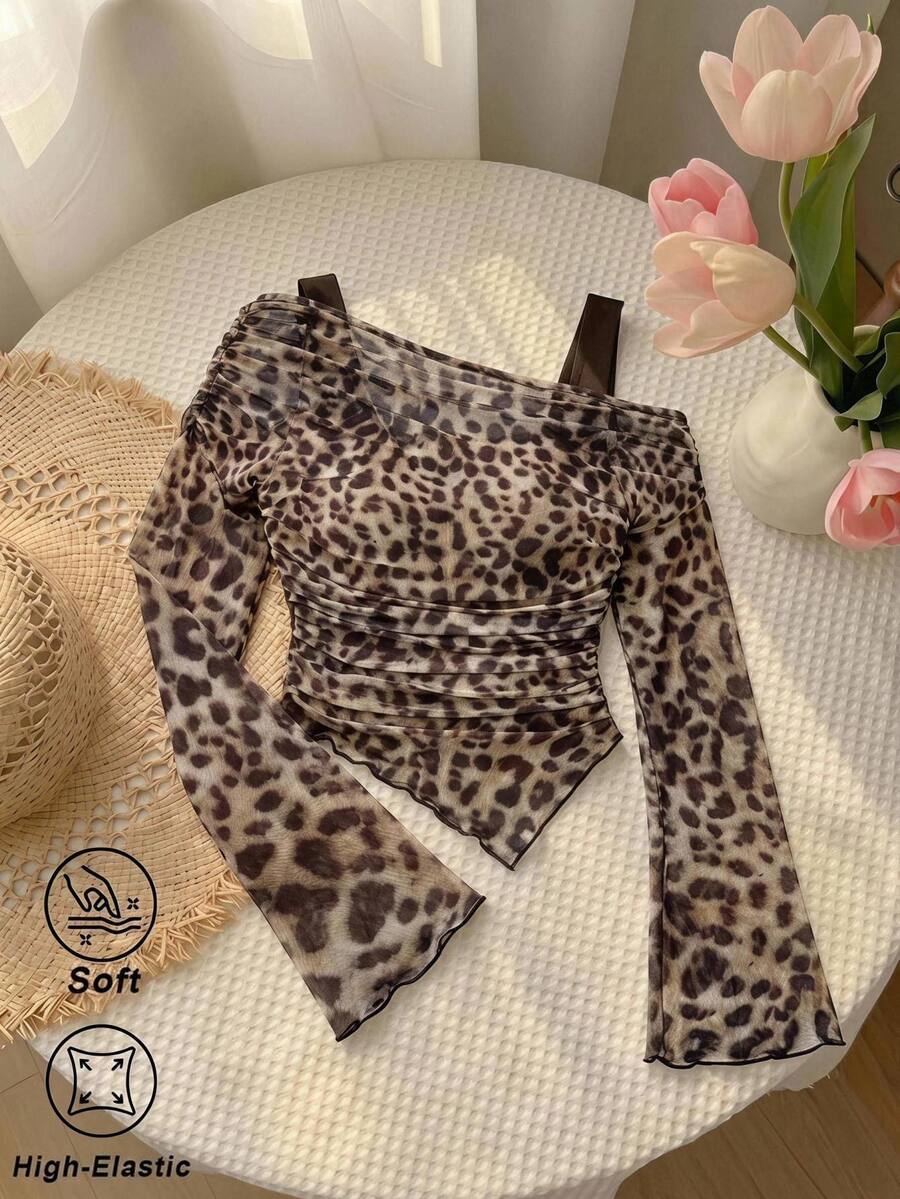 SHEIN MOD Women's Grey Leopard Print Ruched Fitted Versatile Everyday Long Sleeve T-Shirt Club Night Out Autumn Sexy - Multicolor - View 1