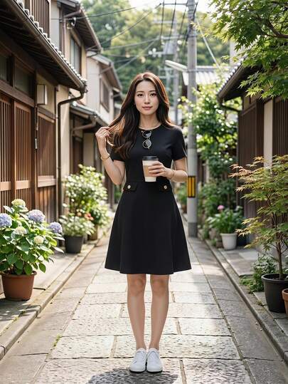 SHEIN LUNE 女性用 無地 ラウンドネック エレガントショート丈ミニドレス