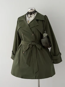 Sunspun Plus Double Breasted Belted Trench Coat Fall - Army Green - View 8