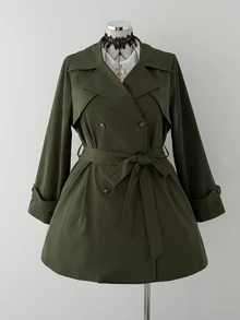 Sunspun Plus Double Breasted Belted Trench Coat Fall - Army Green - View 7