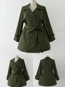 Sunspun Plus Double Breasted Belted Trench Coat Fall - Army Green - View 4