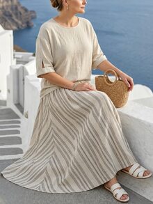 Linhara CURVE Plus Size Women Textured Top And Striped Contrast Color Maxi Skirt Set Vacation Formal Grey Beige Fall Clothes For Women - Khaki - View 5