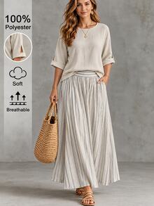 Linhara CURVE Plus Size Women Textured Top And Striped Contrast Color Maxi Skirt Set Vacation Formal Grey Beige Fall Clothes For Women - Khaki - View 1
