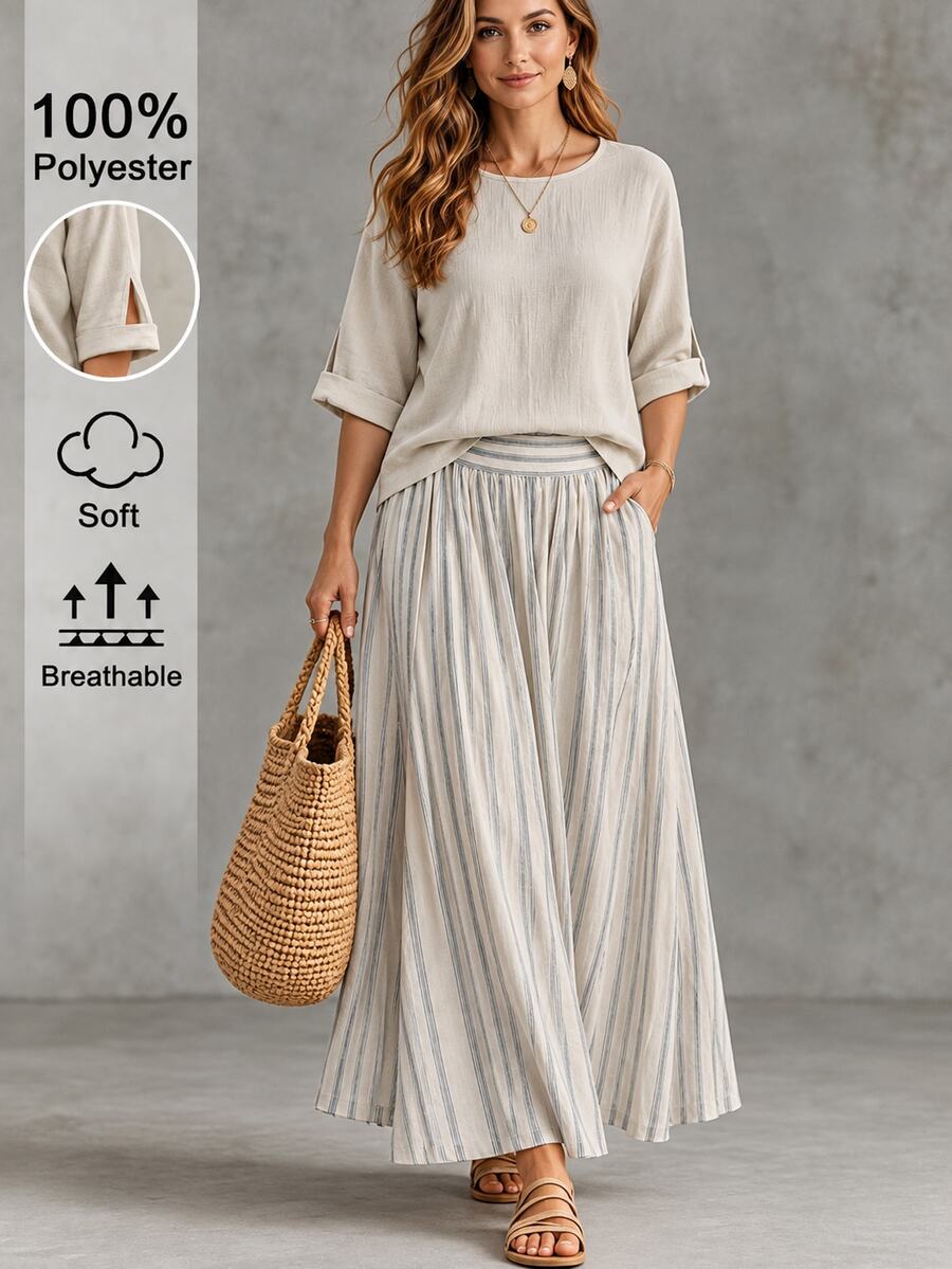 Linhara CURVE Plus Size Women Textured Top And Striped Contrast Color Maxi Skirt Set Vacation Formal Grey Beige Fall Clothes For Women - Khaki - View 1