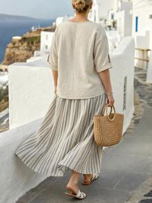 Linhara CURVE Plus Size Women Textured Top And Striped Contrast Color Maxi Skirt Set Vacation Formal Grey Beige Fall Clothes For Women - Khaki - View 2